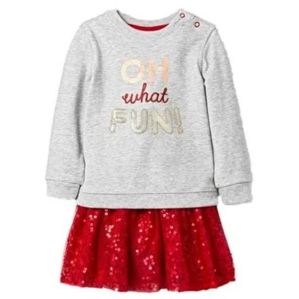 Gray & Red Oh What Fun Christmas Baby Outfit Sweatshirt & Skirt
